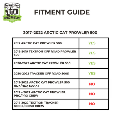 Fitment guide for 2017-2022 Arctic Cat Prowler 500, Textron Off Road 500 and Tracker Off Road 500S