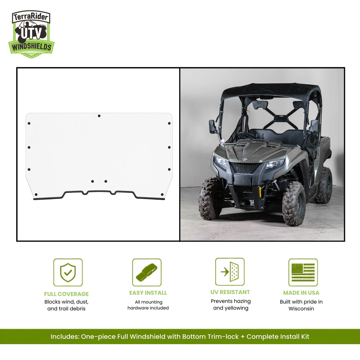 Arctic Cat Prowler 500 one-piece full windshield with bottom trim-lock, shown installed on a gray Prowler