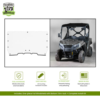 Arctic Cat Prowler 500 one-piece full windshield with bottom trim-lock, shown installed on a gray Prowler