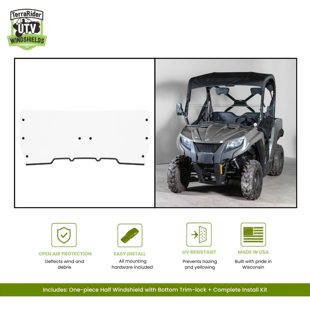 Arctic Cat Prowler 500 one-piece half windshield with bottom trim-lock, shown installed on a gray Prowler