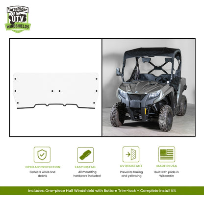 Arctic Cat Prowler 500 one-piece half windshield with bottom trim-lock, shown installed on a gray Prowler