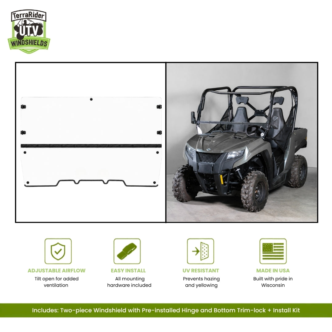 Arctic Cat Prowler 500 two-piece tilting windshield with pre-installed hinge, shown installed on a gray Prowler