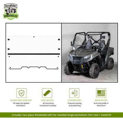 Arctic Cat Prowler 500 two-piece tilting windshield with pre-installed hinge, shown installed on a gray Prowler