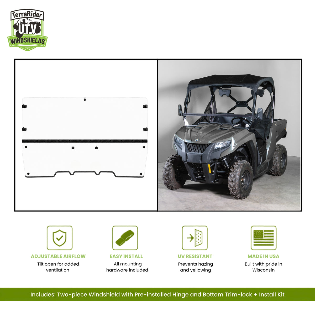 Close-up views of the Prowler 500 tilting windshield hinge and clamps on the side-by-side roll cage. gallery-1