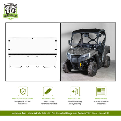 Close-up views of the Prowler 500 tilting windshield hinge and clamps on the side-by-side roll cage. gallery-1