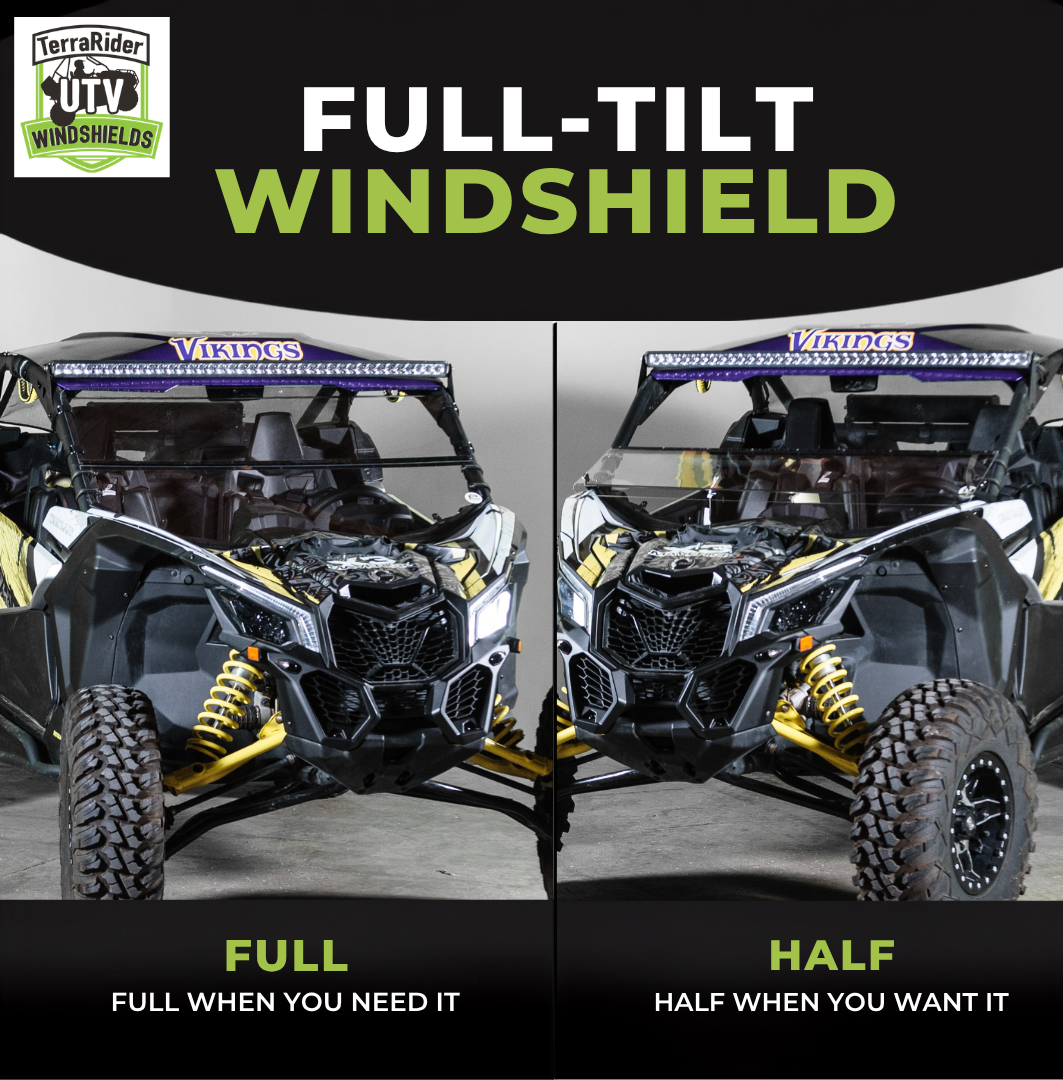 Full-tilt windshield shown in full upright position and half tilted position on a black and yellow Can-Am Maverick X3