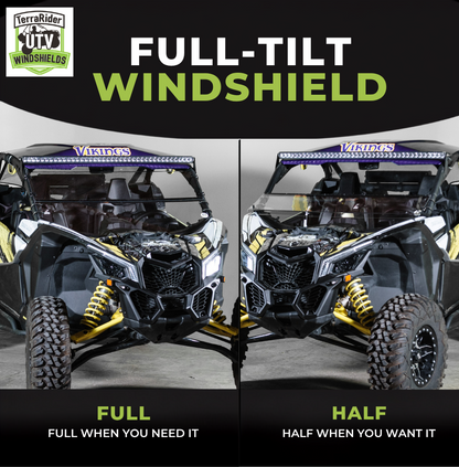 Full-tilt windshield shown in full upright position and half tilted position on a black and yellow Can-Am Maverick X3