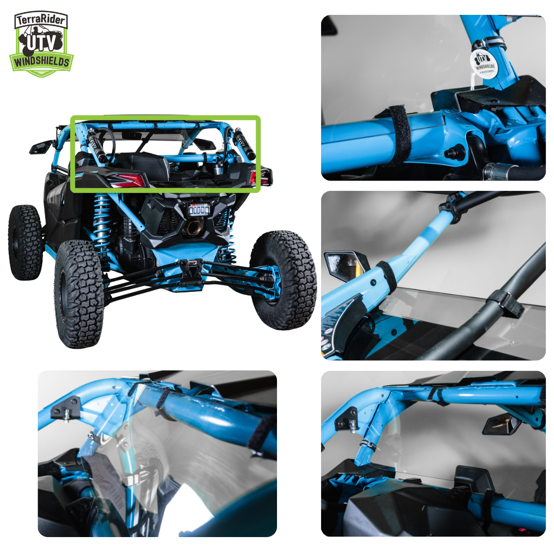 Close-up views of the Maverick X3 rear panel clamps and installed fit on the side-by-side roll cage