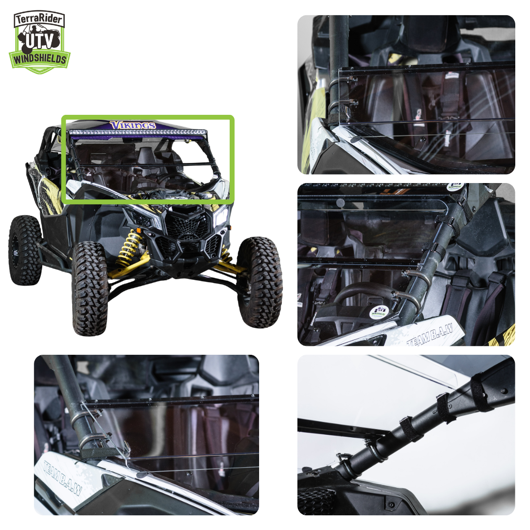 Close-up views of the Maverick X3 tilting windshield hinge and clamps and installed fit on the side-by-side roll cage. gallery-1