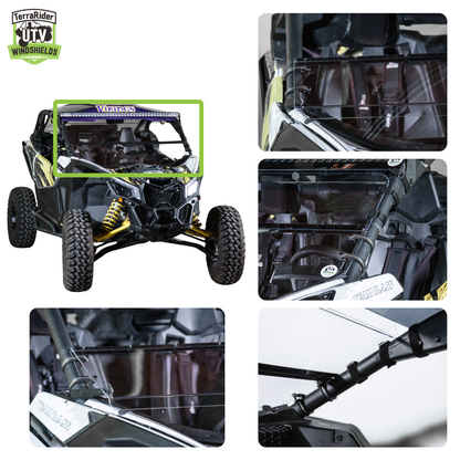 Close-up views of the Maverick X3 tilting windshield hinge and clamps and installed fit on the side-by-side roll cage. gallery-1