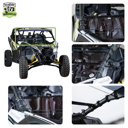Close-up views of the Maverick X3 tilting windshield tilted open and latched on the side-by-side cage. gallery-2