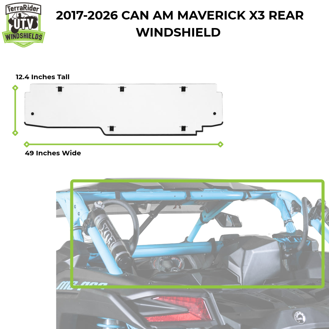 2017-2026 Can-Am Maverick X3 rear windshield dimensions, 12.4 inches tall by 49 inches wide