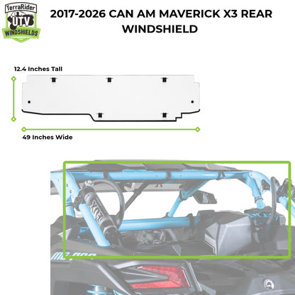 2017-2026 Can-Am Maverick X3 rear windshield dimensions, 12.4 inches tall by 49 inches wide