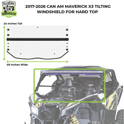 2017-2026 Can-Am Maverick X3 tilting windshield dimensions for hard top, 24 inches tall by 49 inches wide. gallery-1
