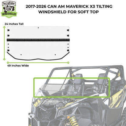 2017-2026 Can-Am Maverick X3 tilting windshield dimensions for soft top, 24 inches tall by 49 inches wide. gallery-2