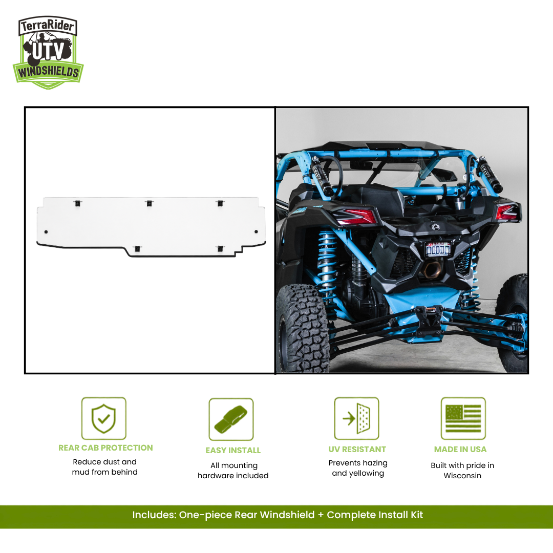 Can-Am Maverick X3 one-piece rear windshield, no trim, shown installed on a blue X3