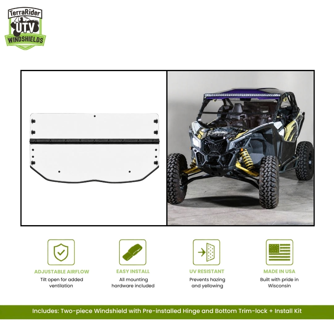 Can-Am Maverick X3 two-piece tilting windshield with pre-installed hinge and bottom trim-lock, shown with hard top on a black and yellow X3. gallery-1