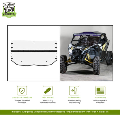 Can-Am Maverick X3 two-piece tilting windshield with pre-installed hinge and bottom trim-lock, shown with hard top on a black and yellow X3. gallery-1