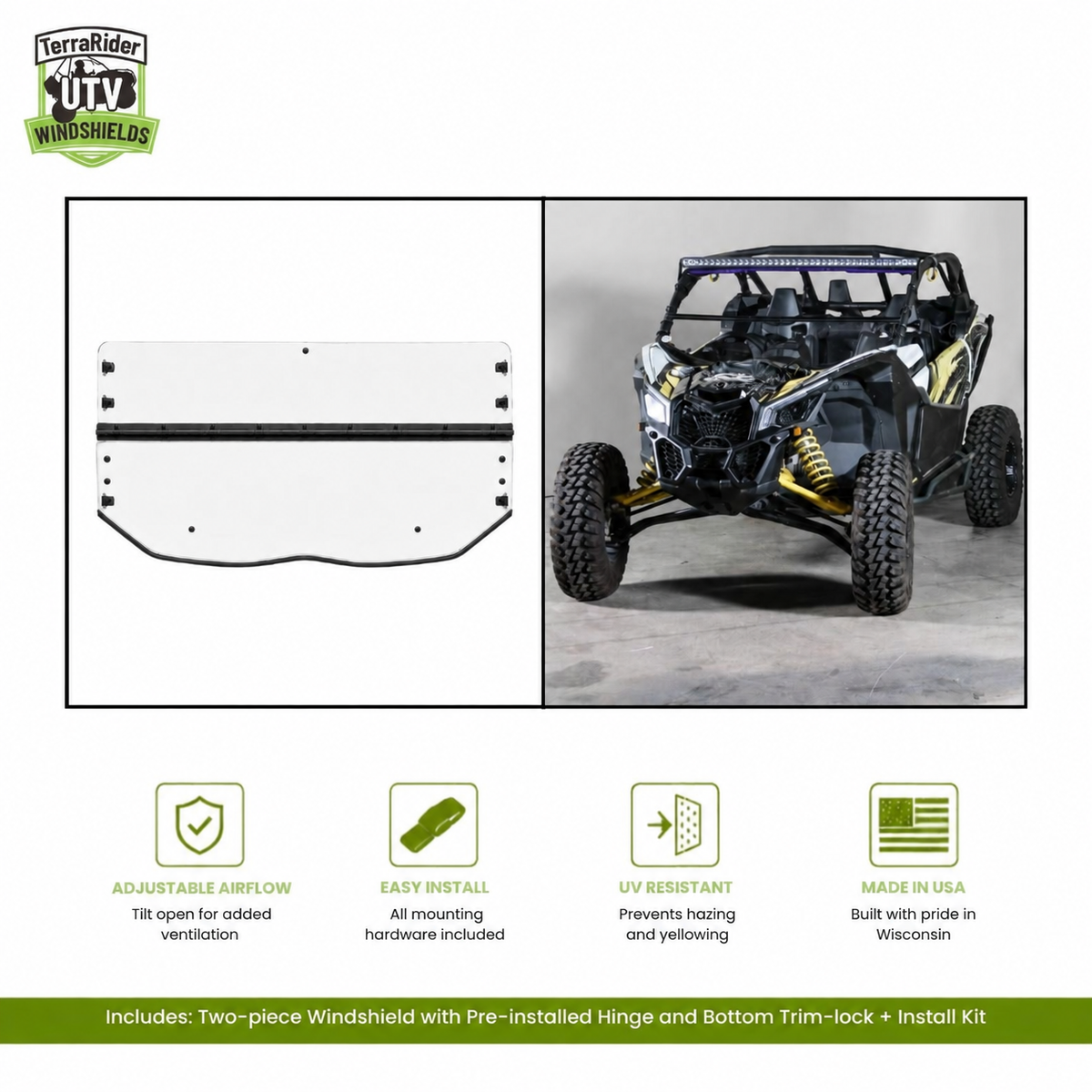 Can-Am Maverick X3 two-piece tilting windshield with pre-installed hinge and bottom trim-lock, shown with soft top on a black and yellow X3. gallery-2