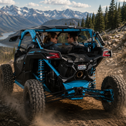 Blue Maverick X3 climbing a muddy rutted trail, rear view with the back panel in place