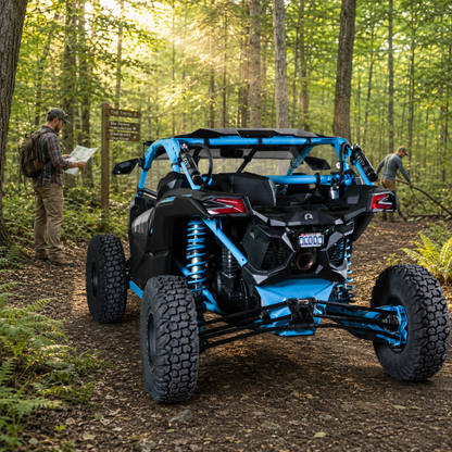 Blue Maverick X3 on a sunlit forest trail seen from behind, back panel enclosing the cab