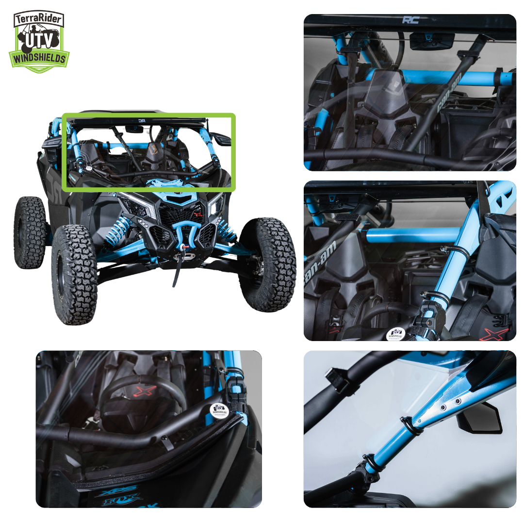 Close-up views of the Maverick X3 full windshield clamps and installed fit on the side-by-side roll cage. gallery-1