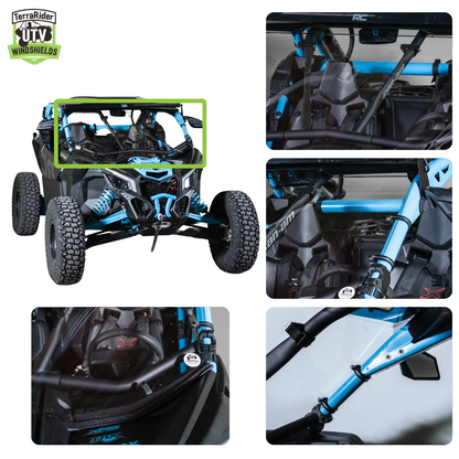 Close-up views of the Maverick X3 full windshield clamps and installed fit on the side-by-side roll cage. gallery-1