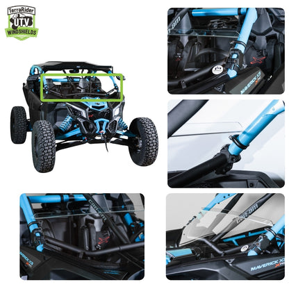 Close-up views of the Maverick X3 half windshield (without visor) showing clamps and installed fit on the side-by-side roll cage. gallery-1