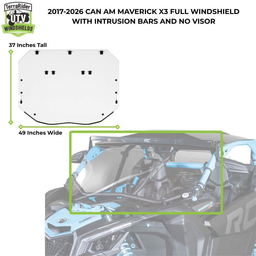 2017-2026 Can-Am Maverick X3 full windshield dimensions without visor, 37 inches tall by 49 inches wide. gallery-1