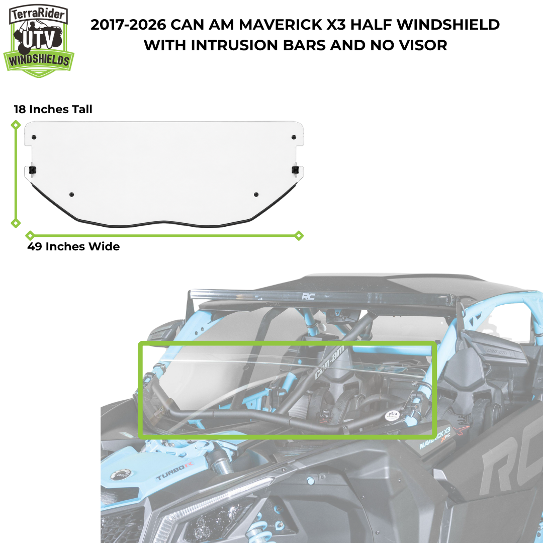 2017-2026 Can-Am Maverick X3 half windshield dimensions without visor, 18 inches tall by 49 inches wide. gallery-1