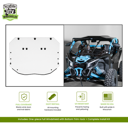 Can-Am Maverick X3 one-piece full windshield with bottom trim-lock, shown installed on a blue X3. gallery-1