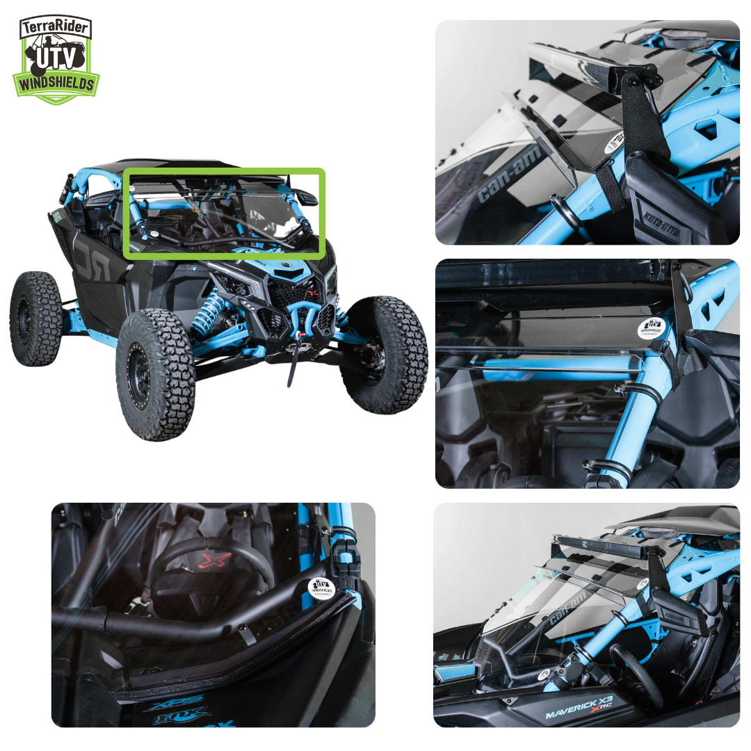 Close-up views of the X3 full windshield mounting hardware and intrusion bar clamps on the side-by-side cage. gallery-2