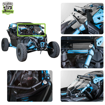 Close-up views of the X3 full windshield mounting hardware and intrusion bar clamps on the side-by-side cage. gallery-2