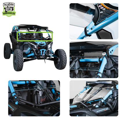 Close-up views of the X3 with visor mounted above the half windshield and the intrusion bar clamps. gallery-2