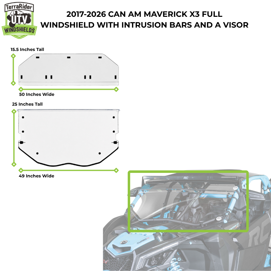2017-2026 Can-Am Maverick X3 full windshield with visor dimensions, visor 15.5 by 50 inches, windshield 25 by 49 inches. gallery-2