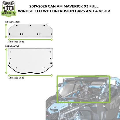2017-2026 Can-Am Maverick X3 full windshield with visor dimensions, visor 15.5 by 50 inches, windshield 25 by 49 inches. gallery-2