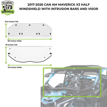 2017-2026 Can-Am Maverick X3 half windshield with visor dimensions, visor 15.5 by 50 inches, windshield 18 by 49 inches. gallery-2
