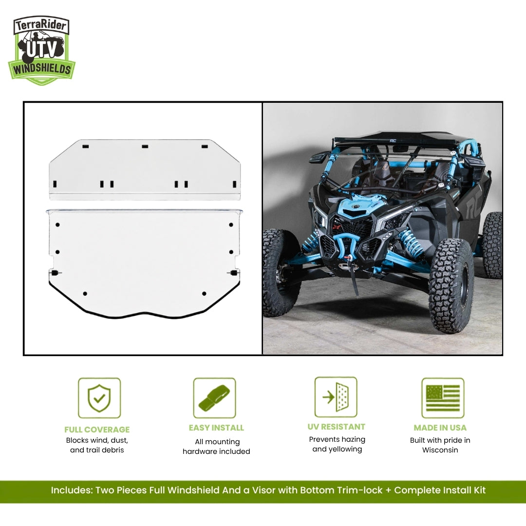 Can-Am Maverick X3 one-piece full windshield with bottom trim-lock and sun visor, shown installed on a blue X3. gallery-2