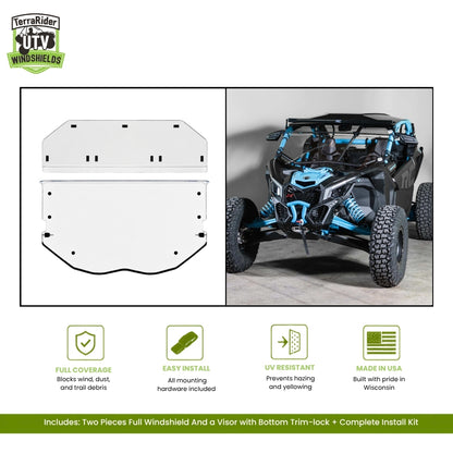 Can-Am Maverick X3 one-piece full windshield with bottom trim-lock and sun visor, shown installed on a blue X3. gallery-2