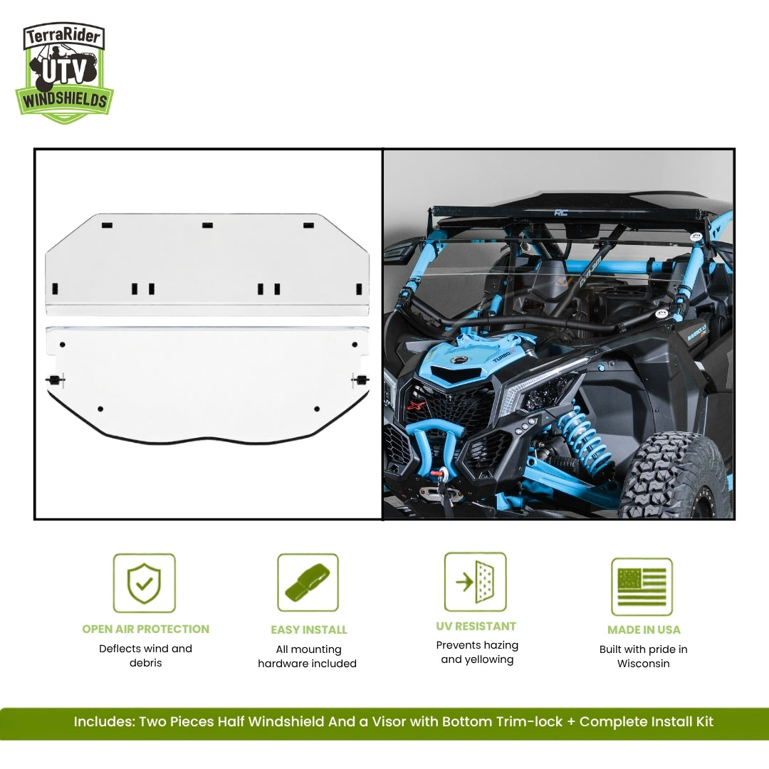 Can-Am Maverick X3 one-piece half windshield (without visor) with bottom trim-lock, shown installed on a blue X3. gallery-1