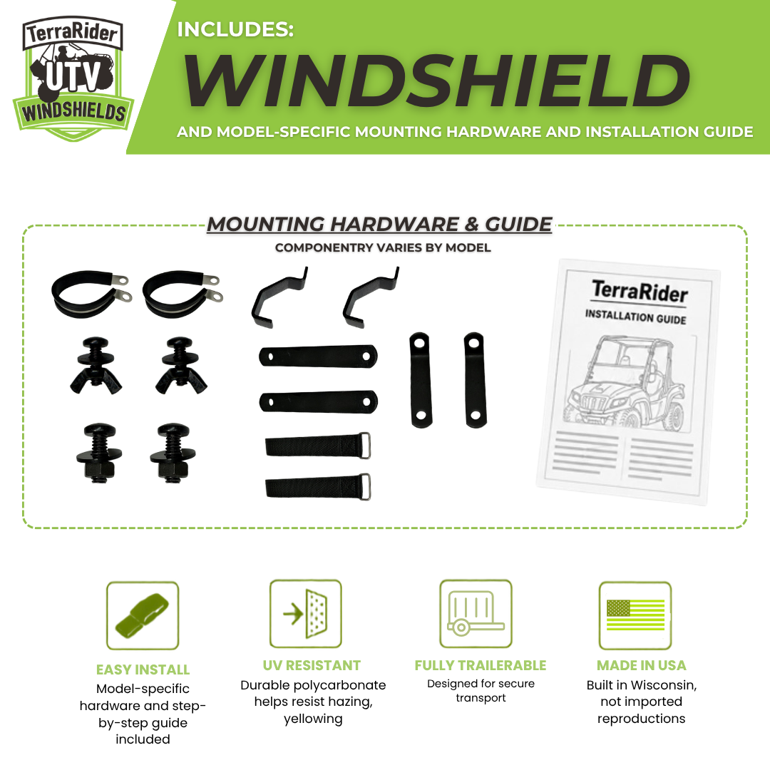 Mounting hardware and installation guide for the 2017-2026 Can-Am Maverick X3 half windshield, componentry varies by model