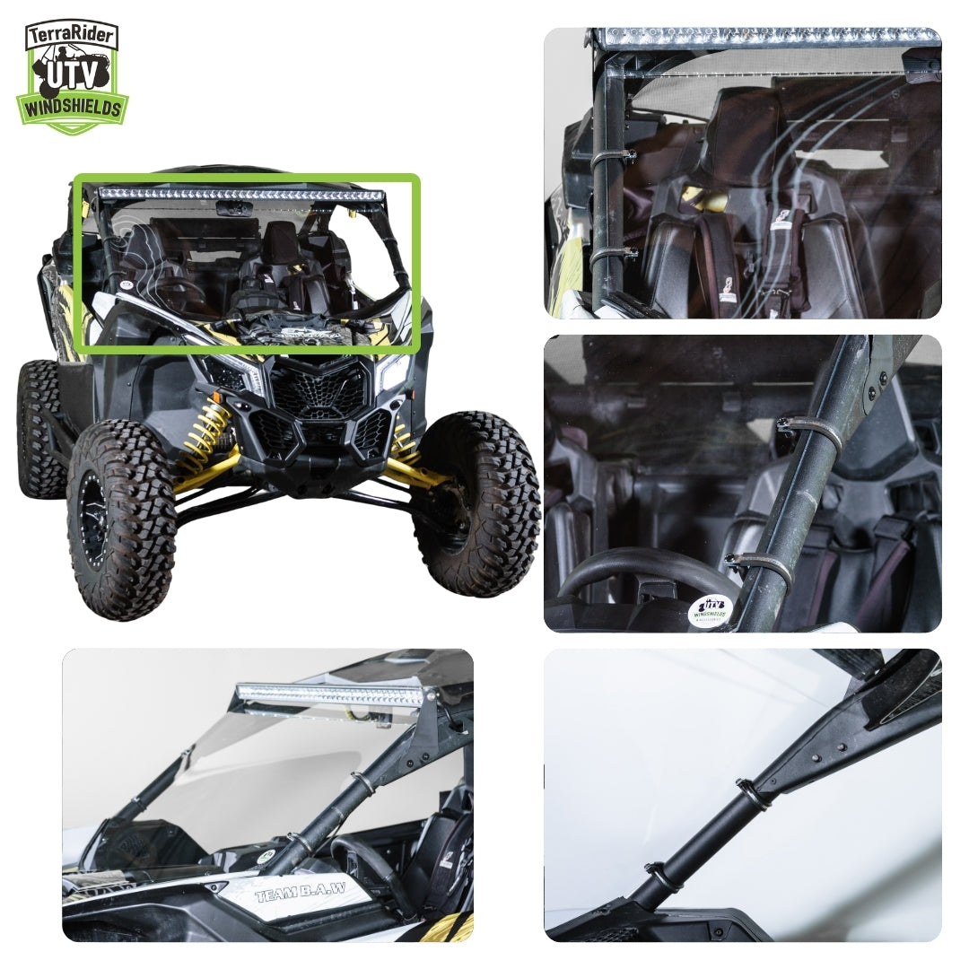 Close-up views of the Maverick X3 full windshield clamps and installed fit on the side-by-side roll cage. gallery-1