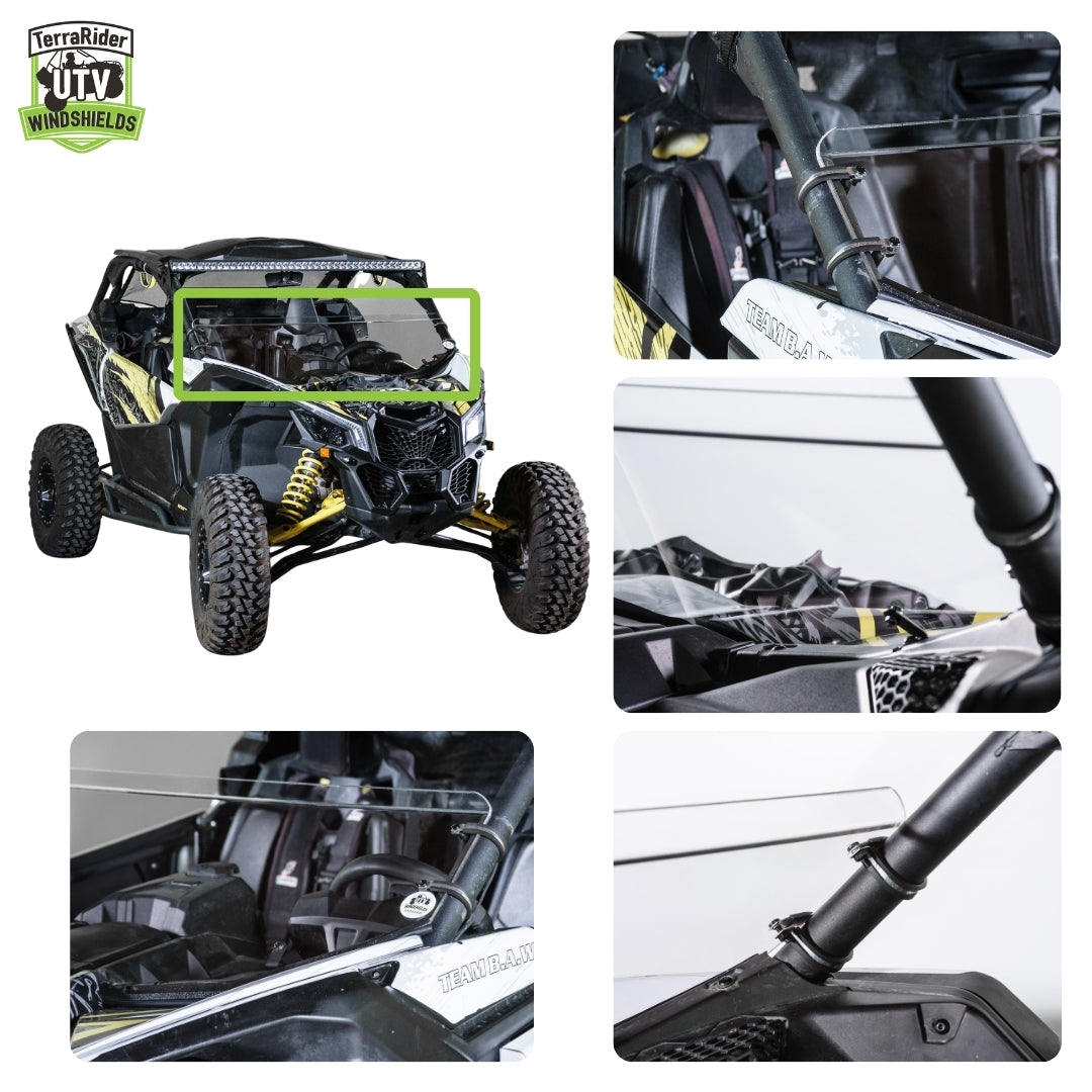 Close-up views of the Maverick X3 half windshield clamps and installed fit on the side-by-side roll cage