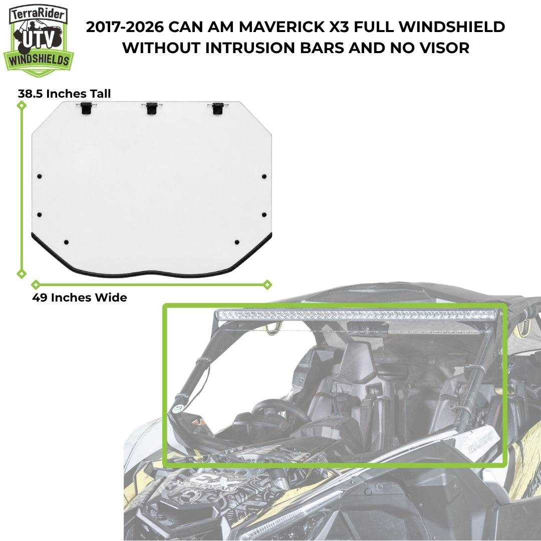 2017-2026 Can-Am Maverick X3 full windshield dimensions without visor, 38.5 inches tall by 49 inches wide. gallery-1