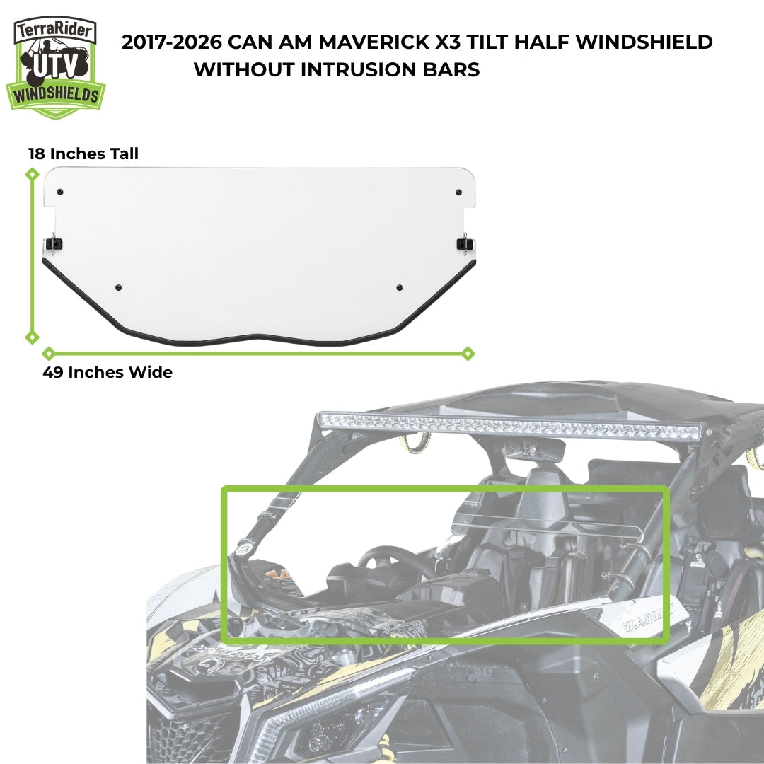 2017-2026 Can-Am Maverick X3 half windshield dimensions, 18 inches tall by 49 inches wide