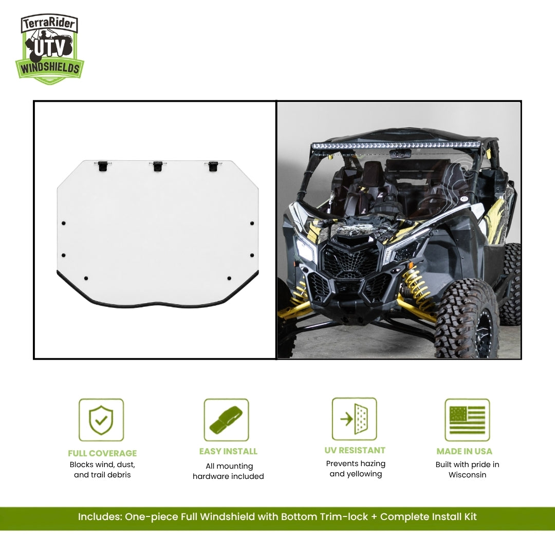 Can-Am Maverick X3 one-piece full windshield with bottom trim-lock, shown installed on a black and yellow X3. gallery-1
