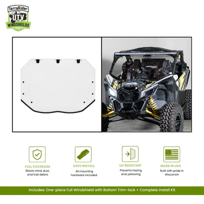 Can-Am Maverick X3 one-piece full windshield with bottom trim-lock, shown installed on a black and yellow X3. gallery-1