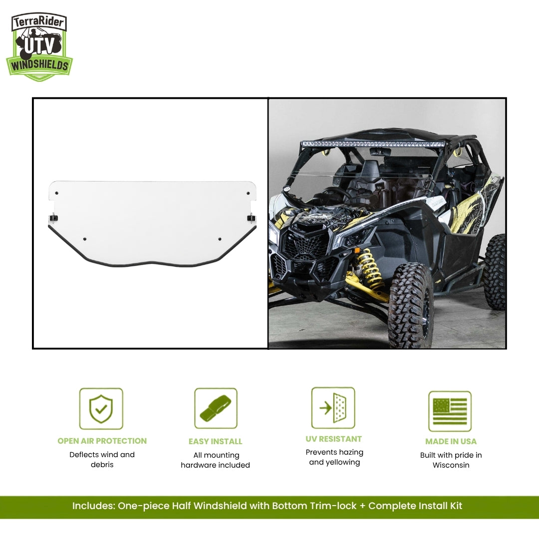 Can-Am Maverick X3 one-piece half windshield with bottom trim-lock, shown installed on a white X3