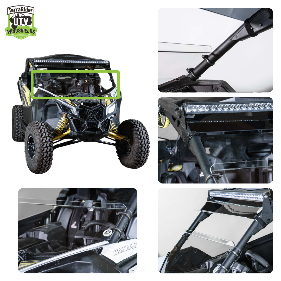 Close-up views of the X3 full windshield with sun visor and its mounting hardware on the side-by-side cage. gallery-2