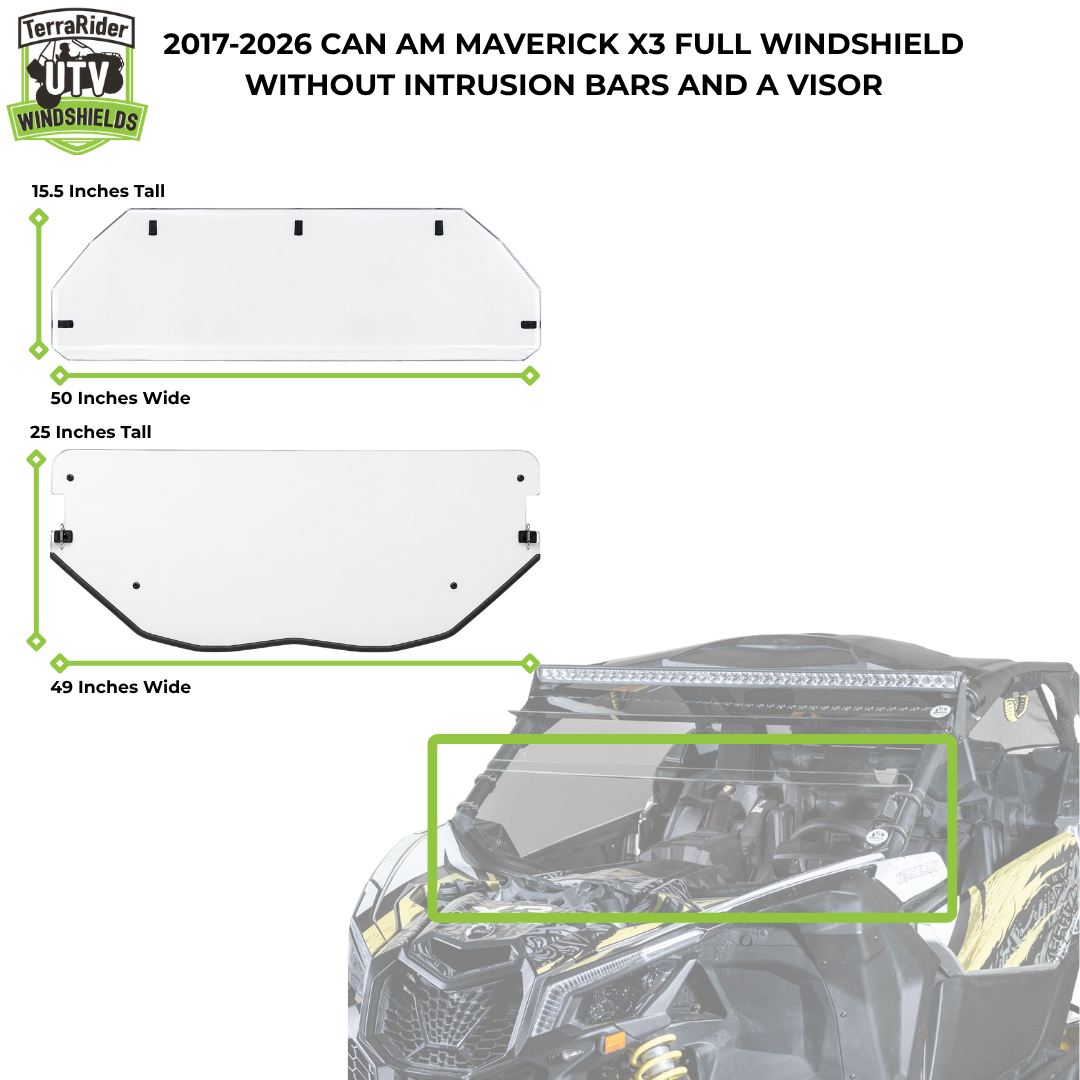 2017-2026 Can-Am Maverick X3 full windshield with visor dimensions, visor 15.5 by 50 inches, windshield 25 by 49 inches. gallery-2